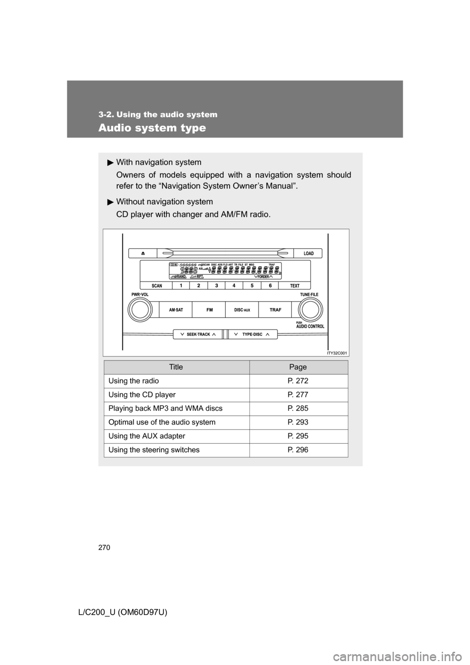 TOYOTA LAND CRUISER 2009 J200 Owners Manual 270
L/C200_U (OM60D97U)
3-2. Using the audio system
Audio system type
With navigation system
Owners of models equipped with a navigation system should
refer to the “Navigation System Owner’s Manua