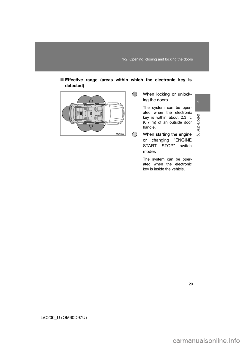 TOYOTA LAND CRUISER 2009 J200 Owners Manual 29
1-2. Opening, closing and locking the doors
1
Before driving
L/C200_U (OM60D97U)
■
Effective range (areas within which the electronic key is
detected)
When locking or unlock-
ing the doors
The sy