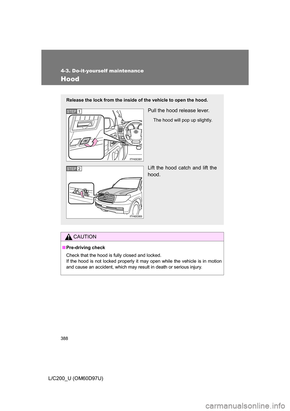 TOYOTA LAND CRUISER 2009 J200 Owners Manual 388
4-3. Do-it-yourself maintenance
L/C200_U (OM60D97U)
Hood
CAUTION
■Pre-driving check
Check that the hood is fully closed and locked. 
If the hood is not locked properly it may open while the vehi
