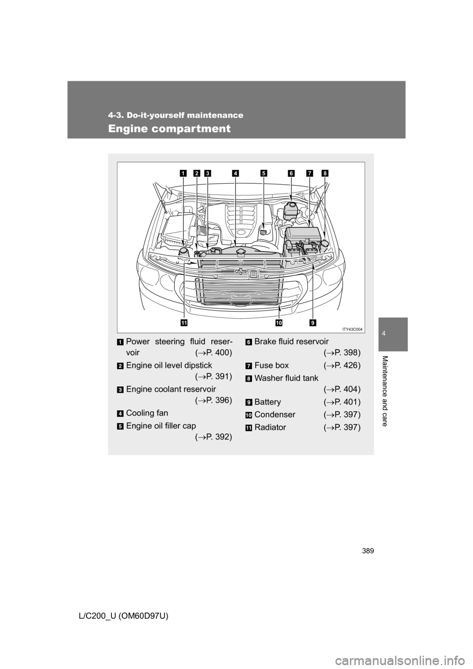 TOYOTA LAND CRUISER 2009 J200 Owners Manual 389
4-3. Do-it-yourself maintenance
4
Maintenance and care
L/C200_U (OM60D97U)
Engine compar tment
Power steering fluid reser-
voir (P. 400)
Engine oil level dipstick ( P. 391)
Engine coolant re