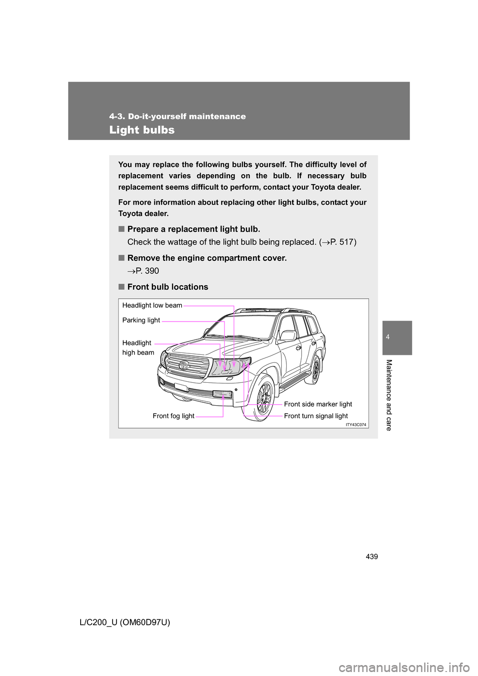 TOYOTA LAND CRUISER 2009 J200 Owners Manual 439
4-3. Do-it-yourself maintenance
4
Maintenance and care
L/C200_U (OM60D97U)
Light bulbs
You may replace the following bulbs yourself. The difficulty level of
replacement varies depending on the bul