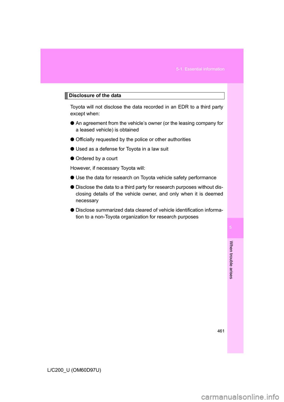 TOYOTA LAND CRUISER 2009 J200 Owners Manual 5
When trouble arises
461
5-1. Essential information
L/C200_U (OM60D97U)
Disclosure of the data
Toyota will not disclose the data re corded in an EDR to a third party
except when:
● An agreement fro TOYOTA LAND CRUISER 2009 J200 Owners Manual 5
When trouble arises
461
5-1. Essential information
L/C200_U (OM60D97U)
Disclosure of the data
Toyota will not disclose the data re corded in an EDR to a third party
except when:
● An agreement fro