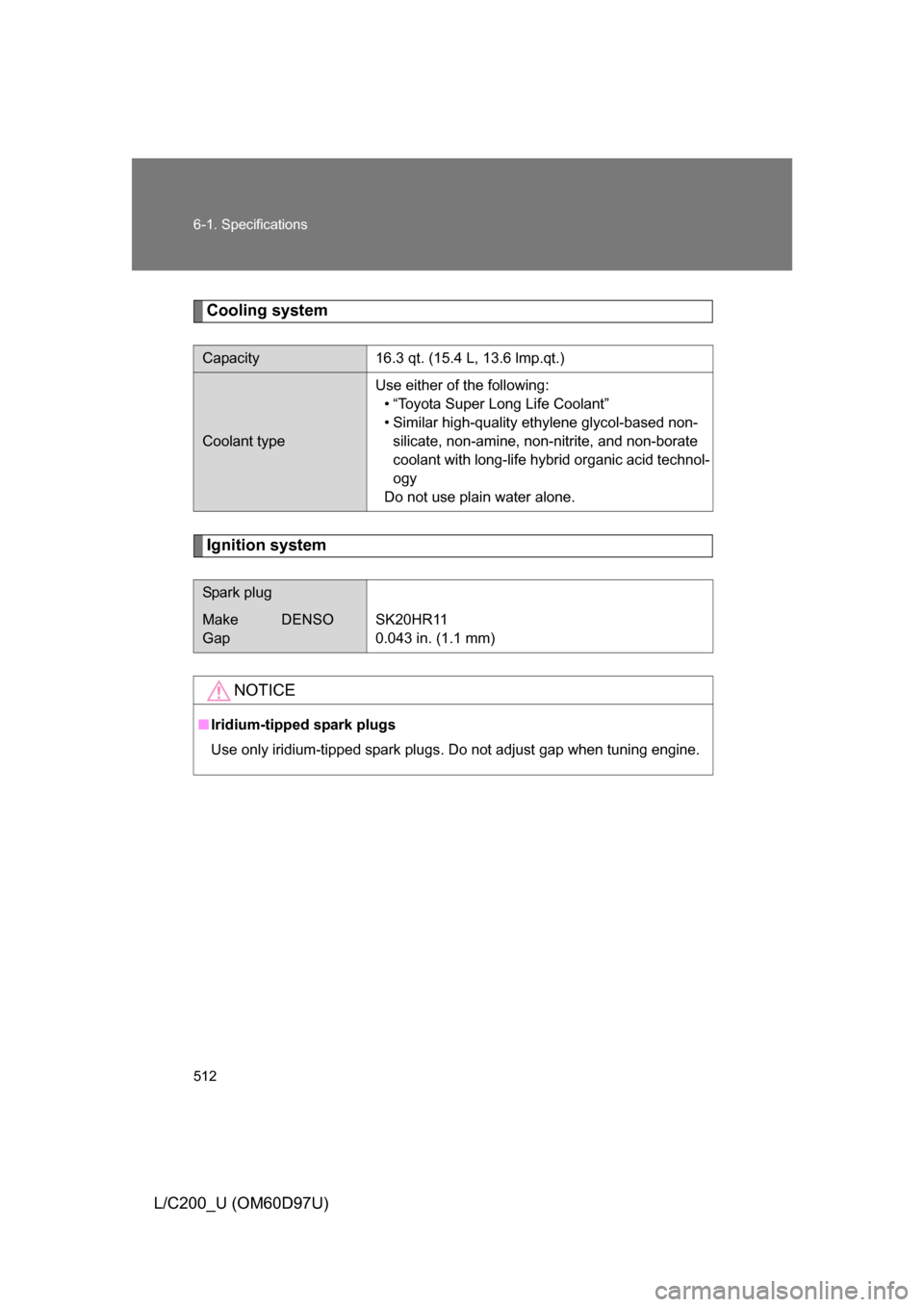 TOYOTA LAND CRUISER 2009 J200 Owners Manual 512 6-1. Specifications
L/C200_U (OM60D97U)
Cooling system
Ignition system
Capacity16.3 qt. (15.4 L, 13.6 lmp.qt.)
Coolant type
Use either of the following:• “Toyota Super Long Life Coolant” 
�