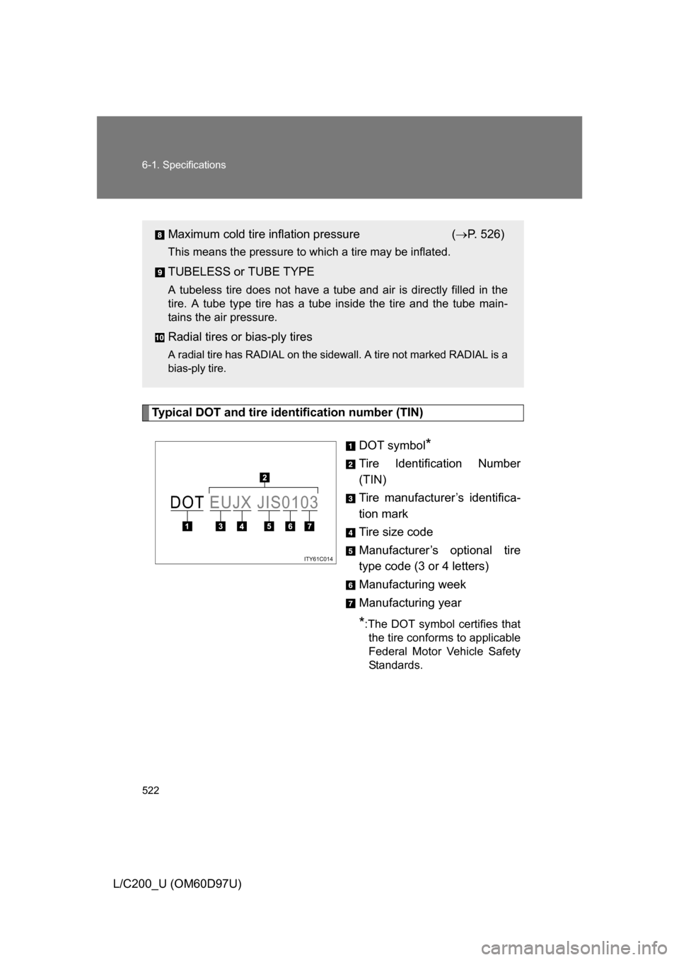 TOYOTA LAND CRUISER 2009 J200 Owners Manual 522 6-1. Specifications
L/C200_U (OM60D97U)
Typical DOT and tire identification number (TIN)DOT symbol
*
Tire Identification Number
(TIN)
Tire manufacturer’s identifica-
tion mark
Tire size code
Man TOYOTA LAND CRUISER 2009 J200 Owners Manual 522 6-1. Specifications
L/C200_U (OM60D97U)
Typical DOT and tire identification number (TIN)DOT symbol
*
Tire Identification Number
(TIN)
Tire manufacturer’s identifica-
tion mark
Tire size code
Man