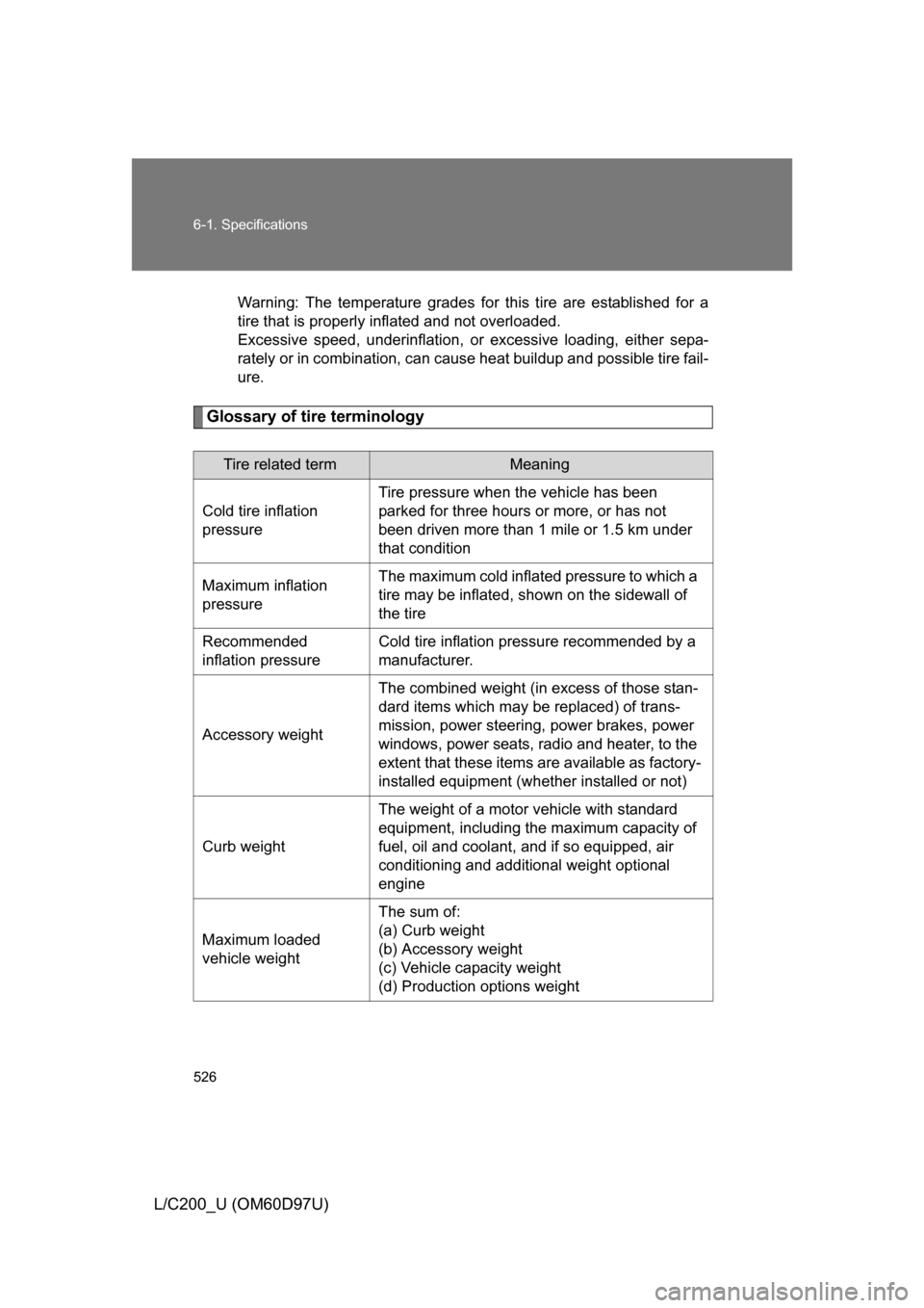 TOYOTA LAND CRUISER 2009 J200 Owners Manual 526 6-1. Specifications
L/C200_U (OM60D97U)
Warning: The temperature grades for this tire are established for a
tire that is properly inflated and not overloaded.
Excessive speed, underinflation, or e TOYOTA LAND CRUISER 2009 J200 Owners Manual 526 6-1. Specifications
L/C200_U (OM60D97U)
Warning: The temperature grades for this tire are established for a
tire that is properly inflated and not overloaded.
Excessive speed, underinflation, or e