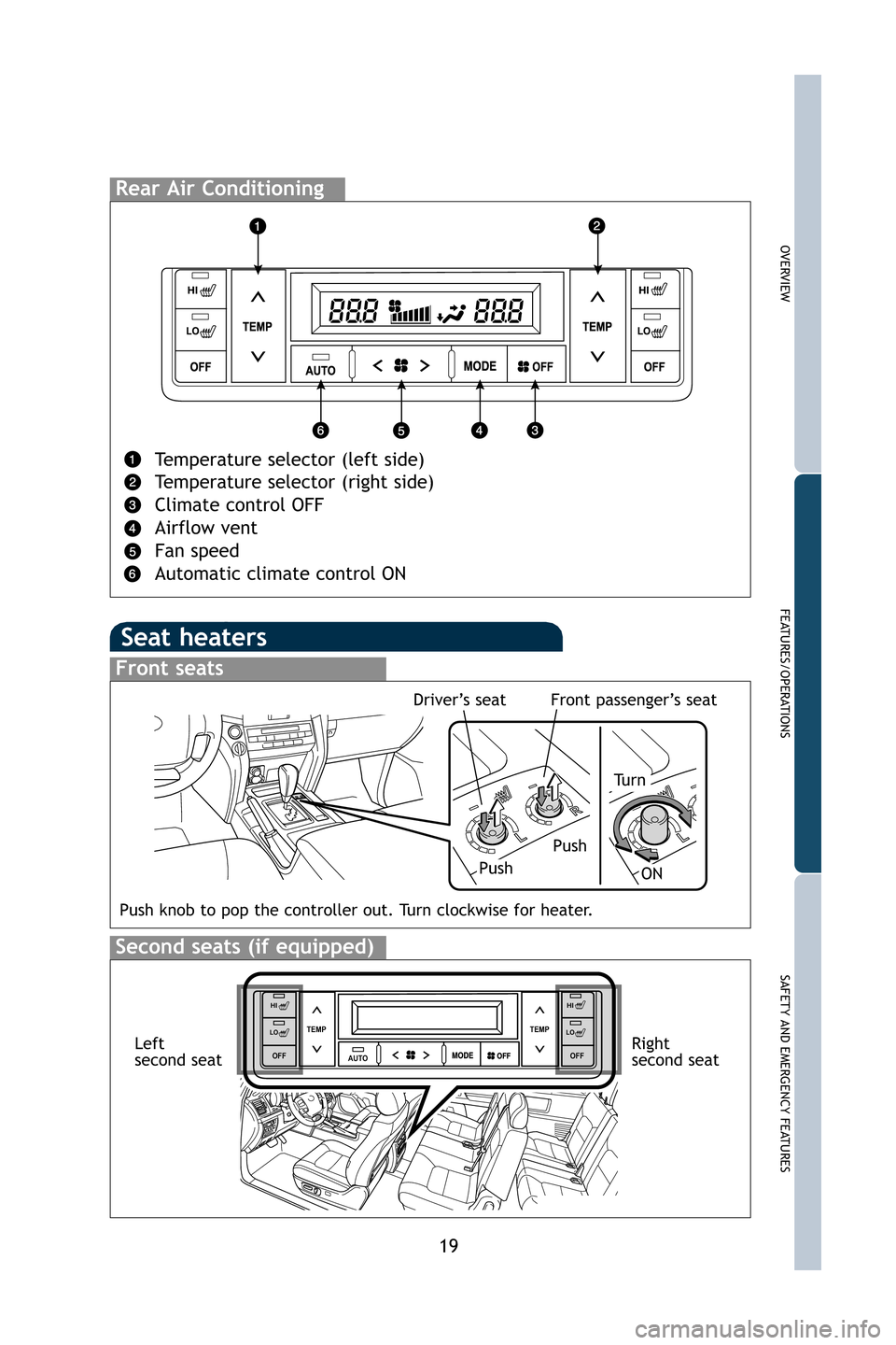 TOYOTA LAND CRUISER 2009 J200 Quick Reference Guide 19
OVERVIEW
FEATURES/OPERATIONS
SAFETY AND EMERGENCY FEATURES
Rear Air Conditioning
Temperature selector (left side)
Temperature selector (right side)
Climate control OFF
Airflow vent
Fan speed
Automa