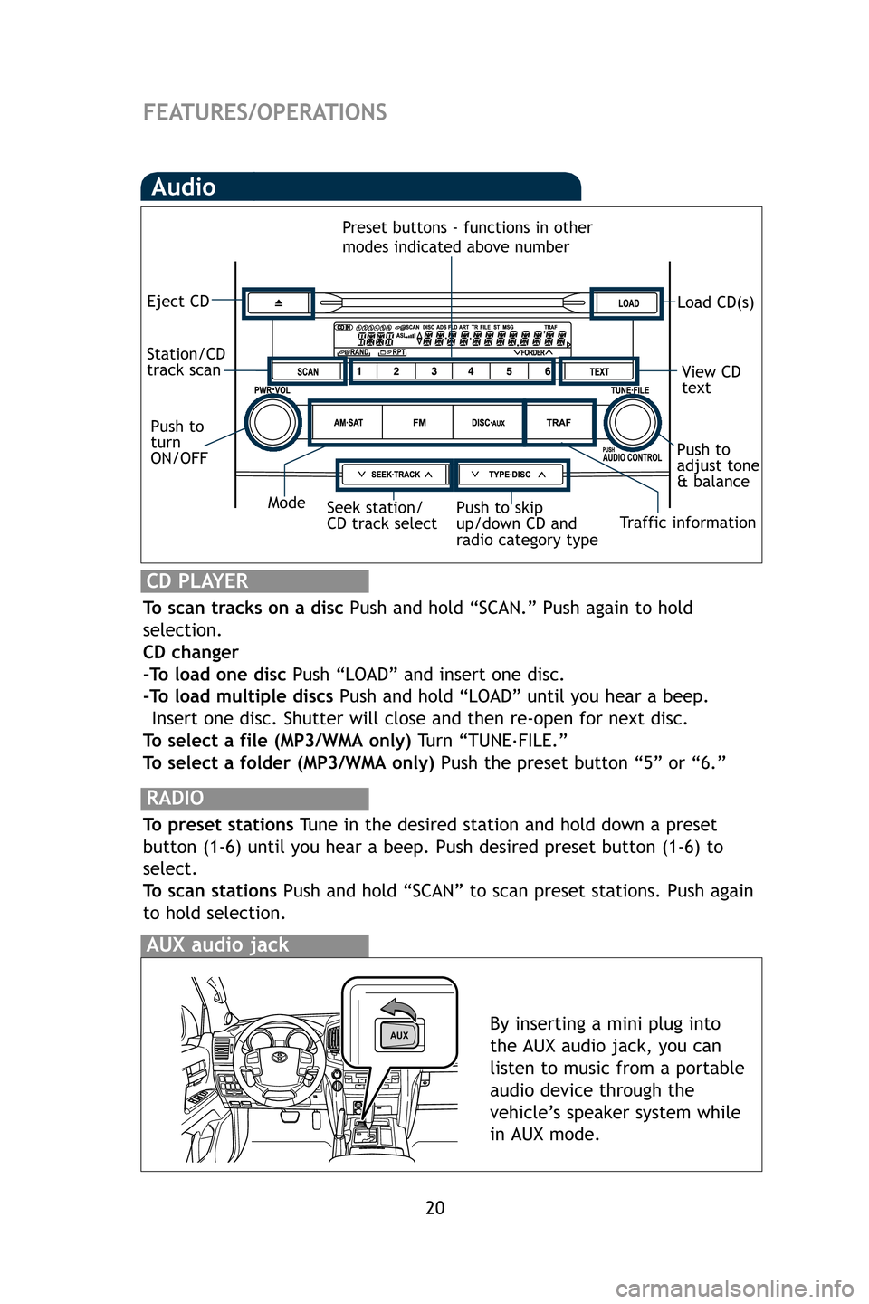 TOYOTA LAND CRUISER 2009 J200 Quick Reference Guide 20
FEATURES/OPERATIONS
Audio
RADIO
To preset stations Tune in the desired station and hold down a preset
button (1-6) until you hear a beep. Push desired preset button (1-6)\
to
select.
To scan stati TOYOTA LAND CRUISER 2009 J200 Quick Reference Guide 20
FEATURES/OPERATIONS
Audio
RADIO
To preset stations Tune in the desired station and hold down a preset
button (1-6) until you hear a beep. Push desired preset button (1-6)\
to
select.
To scan stati