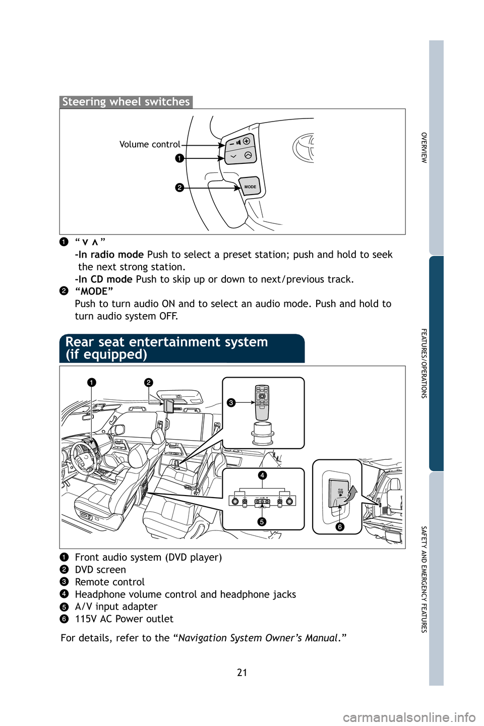 TOYOTA LAND CRUISER 2009 J200 Quick Reference Guide 21
OVERVIEW
FEATURES/OPERATIONS
SAFETY AND EMERGENCY FEATURES
“      ”
-In radio modePush to select a preset station; push and hold to seek
the next strong station.
-In CD mode Push to skip up or 