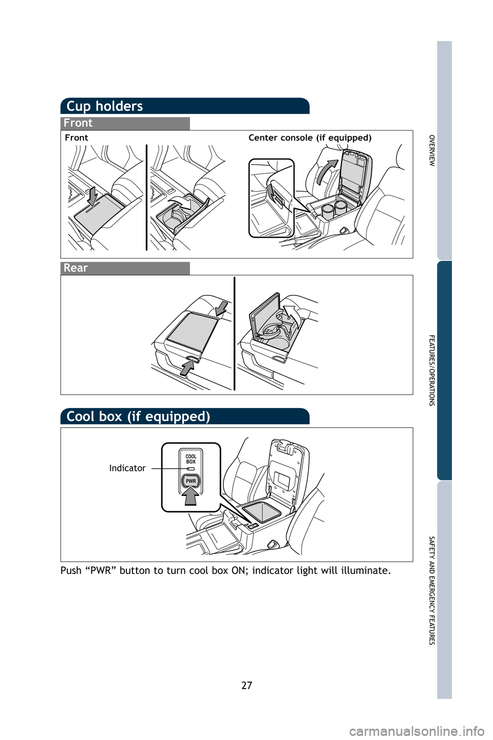 TOYOTA LAND CRUISER 2009 J200 Quick Reference Guide 27
OVERVIEW
FEATURES/OPERATIONS
SAFETY AND EMERGENCY FEATURES
Cup holders
Front
Rear
FrontCenter console (if equipped)
COOLBOX
PWR
Cool box (if equipped)
Push “PWR” button to turn cool box ON; ind
