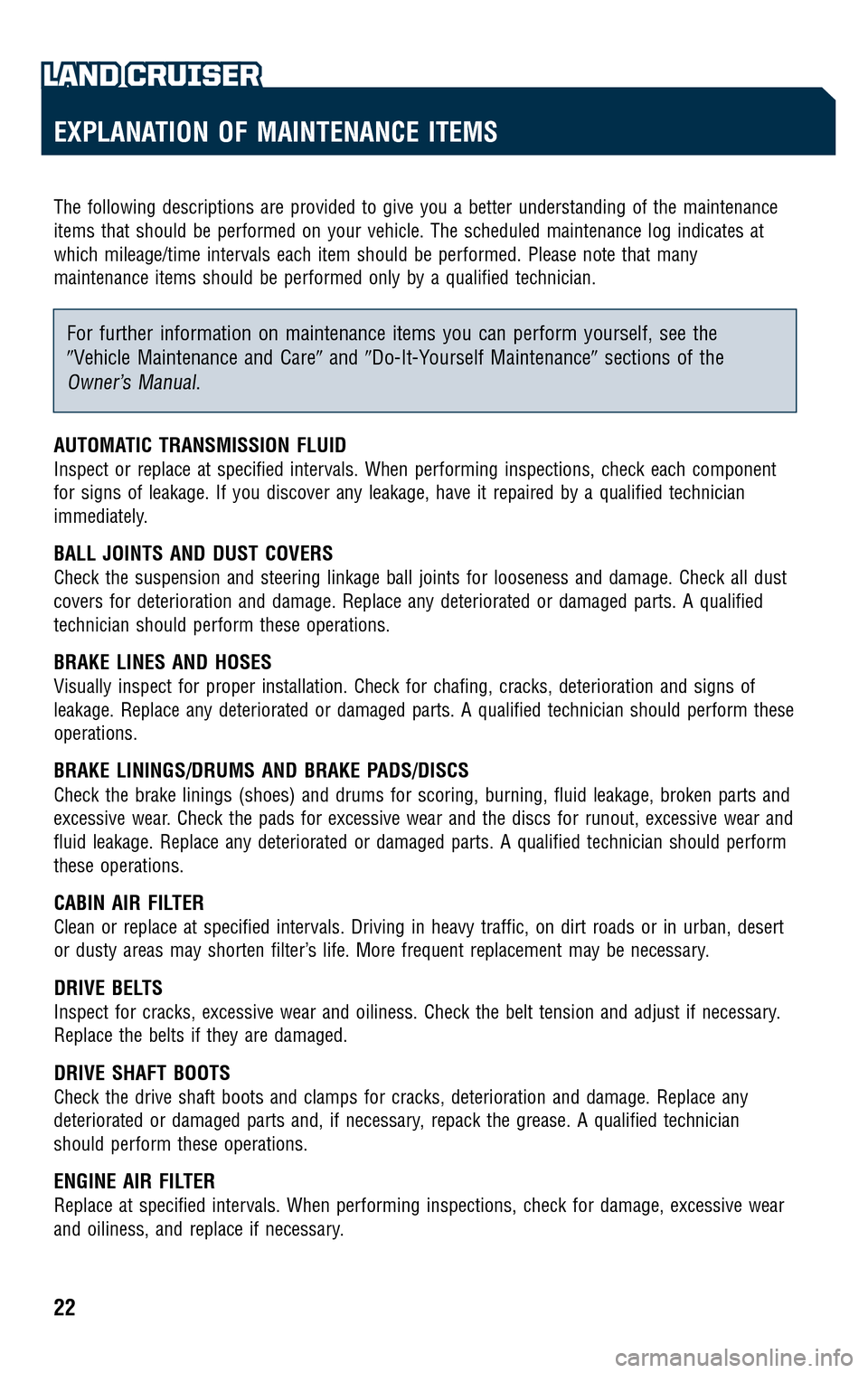 TOYOTA LAND CRUISER 2009 J200 Scheduled Maintenance Guide 