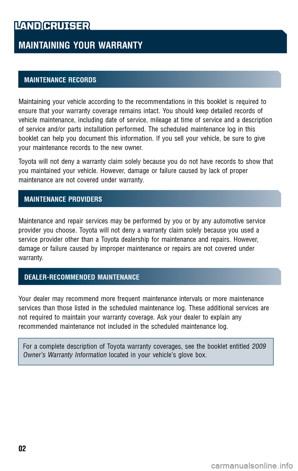 TOYOTA LAND CRUISER 2009 J200 Scheduled Maintenance Guide 