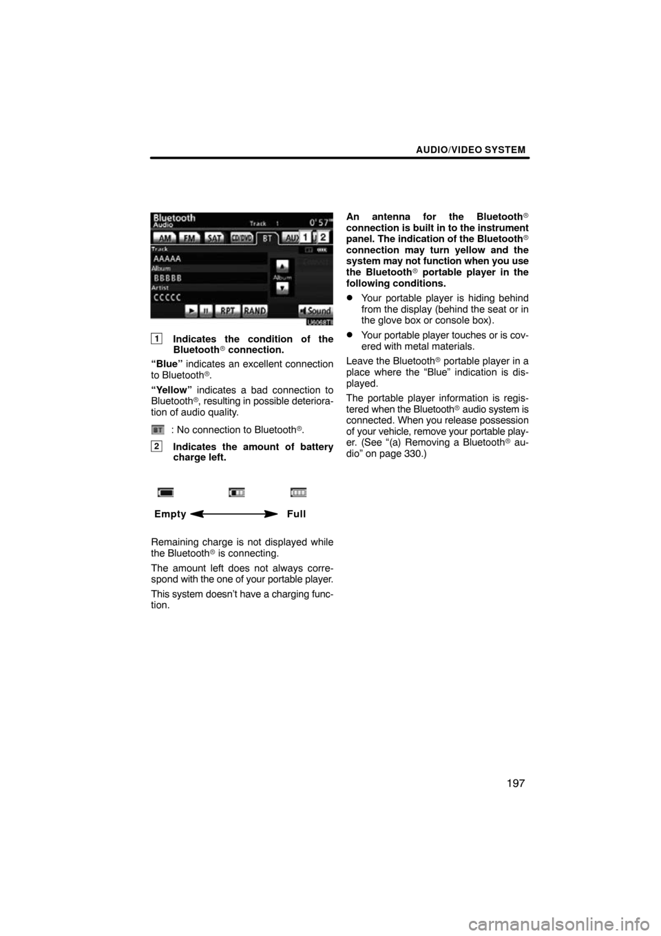 TOYOTA LAND CRUISER 2010 J200 Navigation Manual AUDIO/VIDEO SYSTEM
197
1Indicates the condition of the
Bluetooth connection.
“Blue”  indicates an excellent connection
to Bluetooth .
“Yellow”  indicates a bad connection to
Bluetooth , res