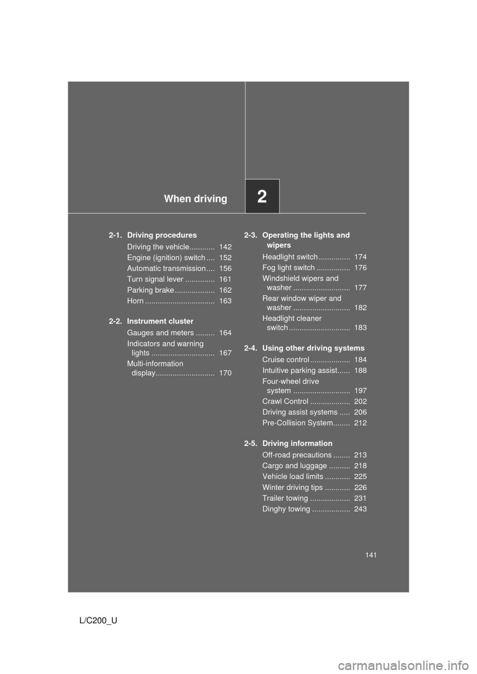 TOYOTA LAND CRUISER 2010 J200 Owners Manual When driving2
141
L/C200_U
2-1. Driving proceduresDriving the vehicle............  142
Engine (ignition) switch ....  152
Automatic transmission ....  156
Turn signal lever ..............  161
Parking