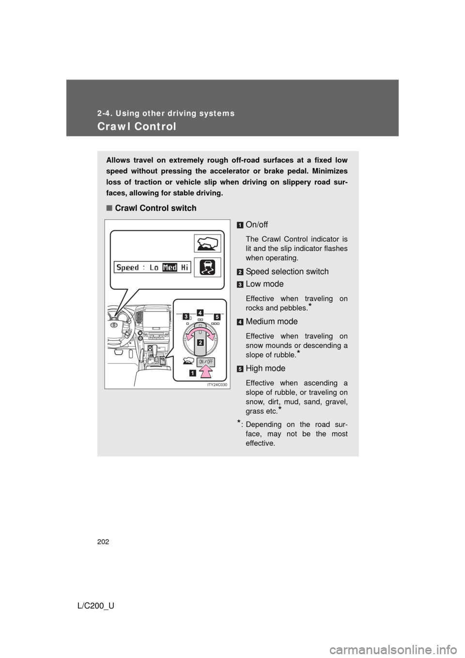 TOYOTA LAND CRUISER 2010 J200 Owners Manual 202
2-4. Using other driving systems
L/C200_U
Crawl Control
Allows travel on extremely rough off-road surfaces at a fixed low
speed without pressing the accelerat or or brake pedal. Minimizes
loss of 