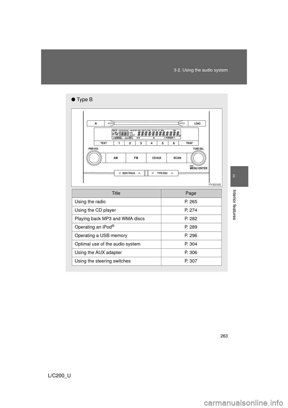 TOYOTA LAND CRUISER 2010 J200 Owners Manual 263
3-2. Using the audio system
3
Interior features
L/C200_U
●
Ty p e  B
 
TitlePage
Using the radioP. 265
Using the CD playerP. 274
Playing back MP3 and WMA discs P. 282
Operating an iPod®P. 289
O