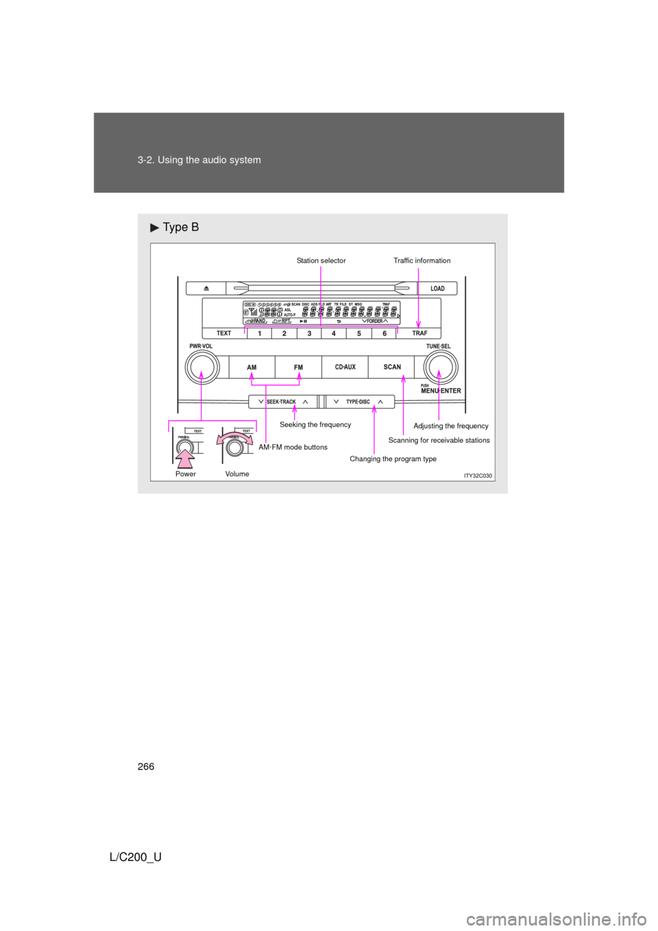 TOYOTA LAND CRUISER 2010 J200 Owners Manual 266 3-2. Using the audio system
L/C200_U
Ty p e  B
 
Scanning for receivable stations
Seeking the frequency Station selector
AM·FM mode buttons Changing the program typeAdjusting the frequency
Power 
