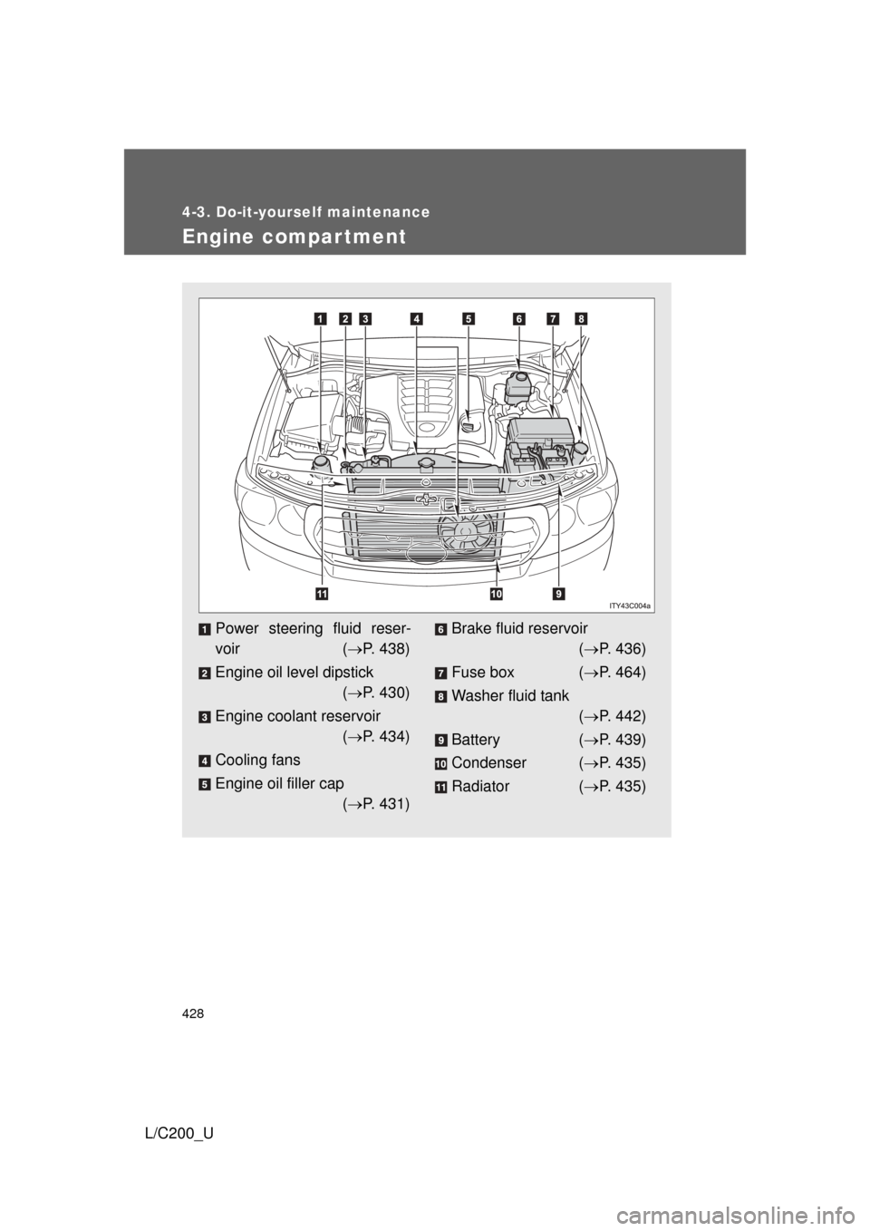 TOYOTA LAND CRUISER 2010 J200 Owners Manual 428
4-3. Do-it-yourself maintenance
L/C200_U
Engine compar tment
Power steering fluid reser-
voir (P. 438)
Engine oil level dipstick ( P. 430)
Engine coolant reservoir ( P. 434)
Cooling fans
TOYOTA LAND CRUISER 2010 J200 Owners Manual 428
4-3. Do-it-yourself maintenance
L/C200_U
Engine compar tment
Power steering fluid reser-
voir (P. 438)
Engine oil level dipstick ( P. 430)
Engine coolant reservoir ( P. 434)
Cooling fans