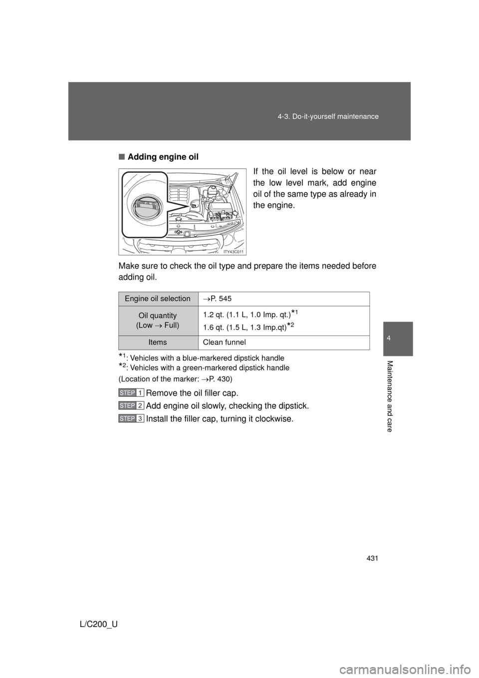 TOYOTA LAND CRUISER 2010 J200 Owners Manual 431
4-3. Do-it-yourself maintenance
4
Maintenance and care
L/C200_U
■
Adding engine oil
If the oil level is below or near
the low level mark, add engine
oil of the same type as already in
the engine TOYOTA LAND CRUISER 2010 J200 Owners Manual 431
4-3. Do-it-yourself maintenance
4
Maintenance and care
L/C200_U
■
Adding engine oil
If the oil level is below or near
the low level mark, add engine
oil of the same type as already in
the engine