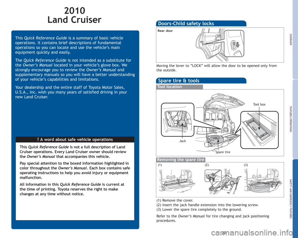 TOYOTA LAND CRUISER 2010 J200 Quick Reference Guide 2010 
Land Cruiser
!A word about safe vehicle operations This Quick Reference Guideis a summary of basic vehicle
operations. It contains brief descriptions of fundamental
operations so you can locate 