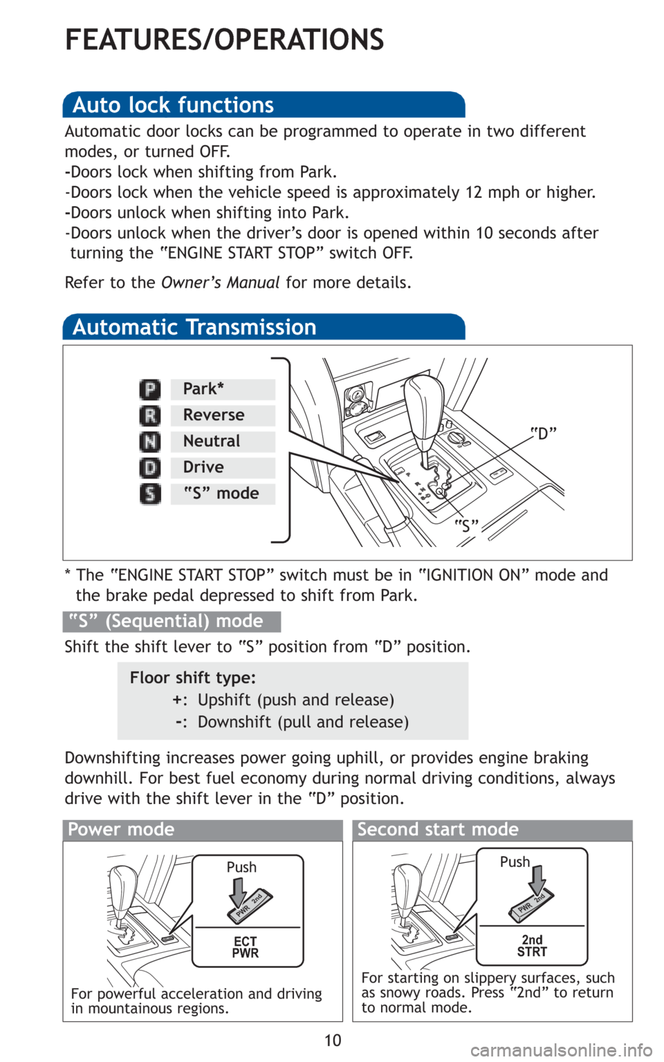 TOYOTA LAND CRUISER 2010 J200 Quick Reference Guide 10
FEATURES/OPERATIONS
Automatic Transmission
* The “ENGINE START STOP” switch must be in “IGNITION ON” mode and
the brake pedal depressed to shift from Park.
Downshifting increases power goin TOYOTA LAND CRUISER 2010 J200 Quick Reference Guide 10
FEATURES/OPERATIONS
Automatic Transmission
* The “ENGINE START STOP” switch must be in “IGNITION ON” mode and
the brake pedal depressed to shift from Park.
Downshifting increases power goin