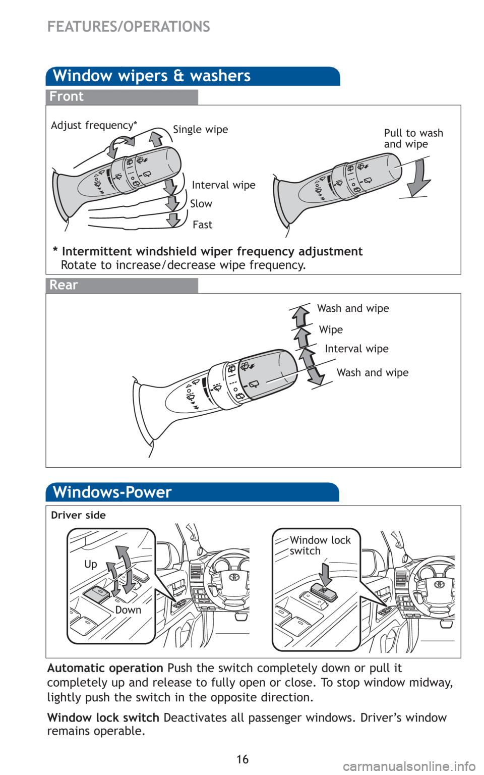 TOYOTA LAND CRUISER 2010 J200 Quick Reference Guide 16
Window wipers & washers
Interval wipe Single wipe
Slow
Fast
Pull to wash
and wipe
Front
Rear
Wash and wipe
Wipe
Interval wipe
Wash and wipe
FEATURES/OPERATIONS
* Intermittent windshield wiper frequ TOYOTA LAND CRUISER 2010 J200 Quick Reference Guide 16
Window wipers & washers
Interval wipe Single wipe
Slow
Fast
Pull to wash
and wipe
Front
Rear
Wash and wipe
Wipe
Interval wipe
Wash and wipe
FEATURES/OPERATIONS
* Intermittent windshield wiper frequ