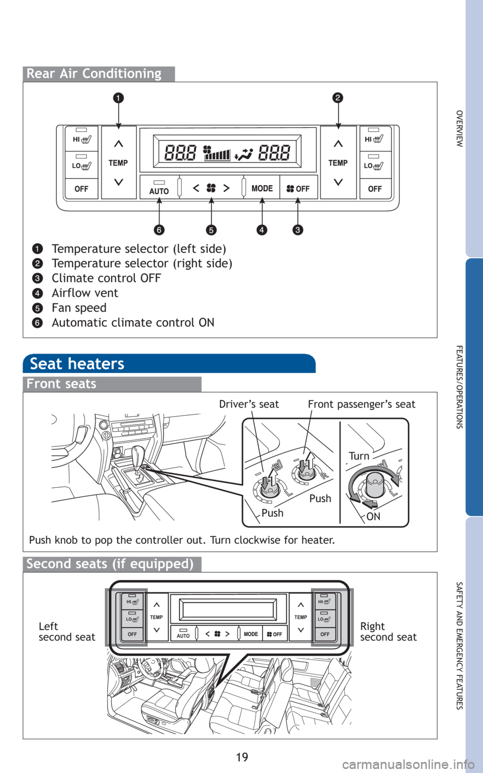TOYOTA LAND CRUISER 2010 J200 Quick Reference Guide 19
OVERVIEW
FEATURES/OPERATIONS
SAFETY AND EMERGENCY FEATURES
Rear Air Conditioning
Temperature selector (left side)
Temperature selector (right side)
Climate control OFF
Airflow vent
Fan speed
Automa TOYOTA LAND CRUISER 2010 J200 Quick Reference Guide 19
OVERVIEW
FEATURES/OPERATIONS
SAFETY AND EMERGENCY FEATURES
Rear Air Conditioning
Temperature selector (left side)
Temperature selector (right side)
Climate control OFF
Airflow vent
Fan speed
Automa