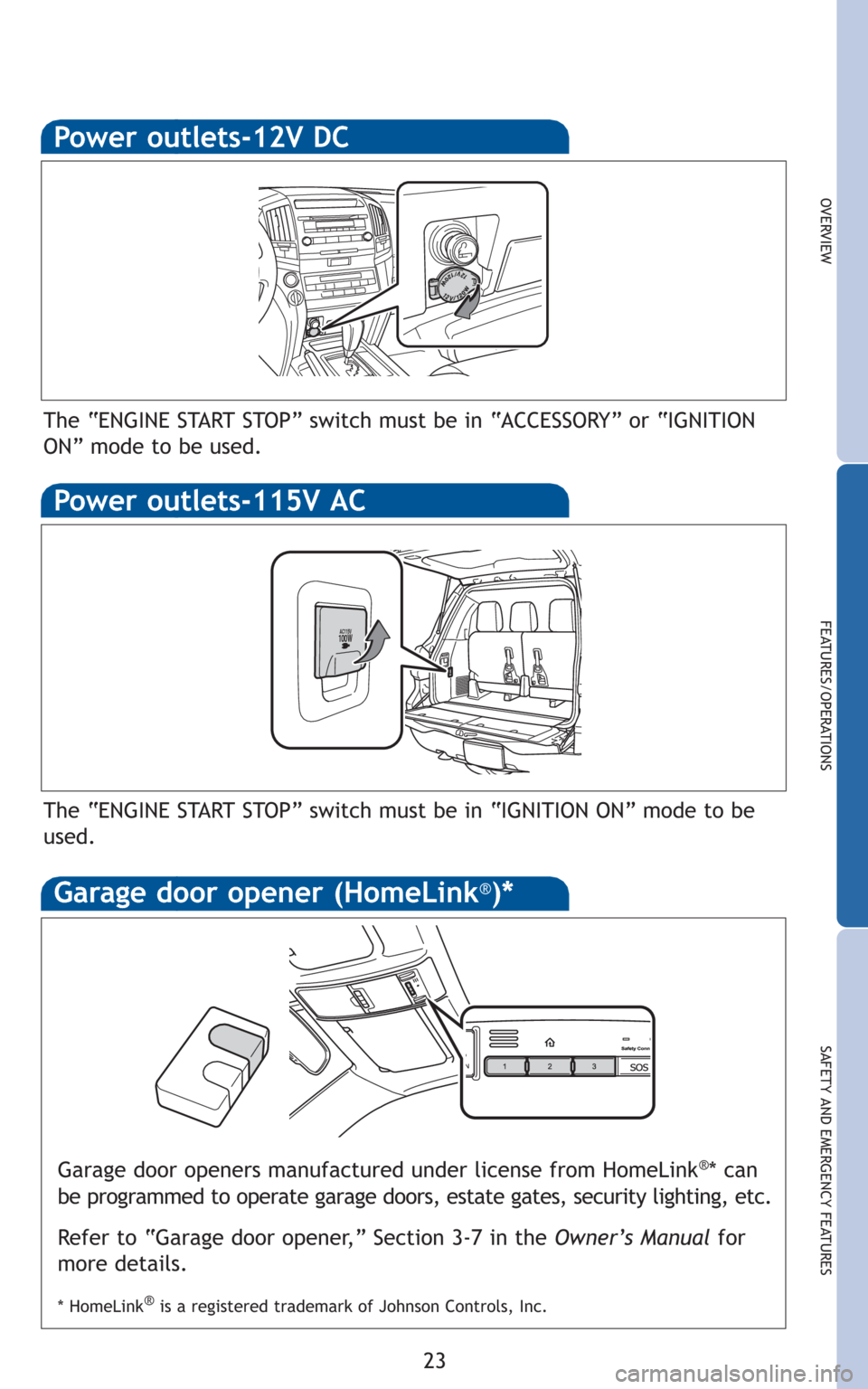 TOYOTA LAND CRUISER 2010 J200 Quick Reference Guide 23
OVERVIEW
FEATURES/OPERATIONS
SAFETY AND EMERGENCY FEATURES
Power outlets-12V DC
The “ENGINE START STOP” switch must be in “ACCESSORY” or “IGNITION
ON” mode to be used.
Power outlets-115 TOYOTA LAND CRUISER 2010 J200 Quick Reference Guide 23
OVERVIEW
FEATURES/OPERATIONS
SAFETY AND EMERGENCY FEATURES
Power outlets-12V DC
The “ENGINE START STOP” switch must be in “ACCESSORY” or “IGNITION
ON” mode to be used.
Power outlets-115