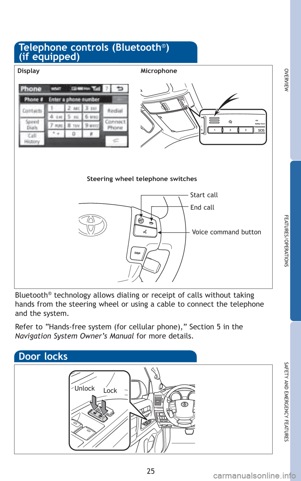 TOYOTA LAND CRUISER 2010 J200 Quick Reference Guide 25
OVERVIEW
FEATURES/OPERATIONS
SAFETY AND EMERGENCY FEATURES
Bluetooth®technology allows dialing or receipt of calls without taking
hands from the steering wheel or using a cable to connect the tele TOYOTA LAND CRUISER 2010 J200 Quick Reference Guide 25
OVERVIEW
FEATURES/OPERATIONS
SAFETY AND EMERGENCY FEATURES
Bluetooth®technology allows dialing or receipt of calls without taking
hands from the steering wheel or using a cable to connect the tele