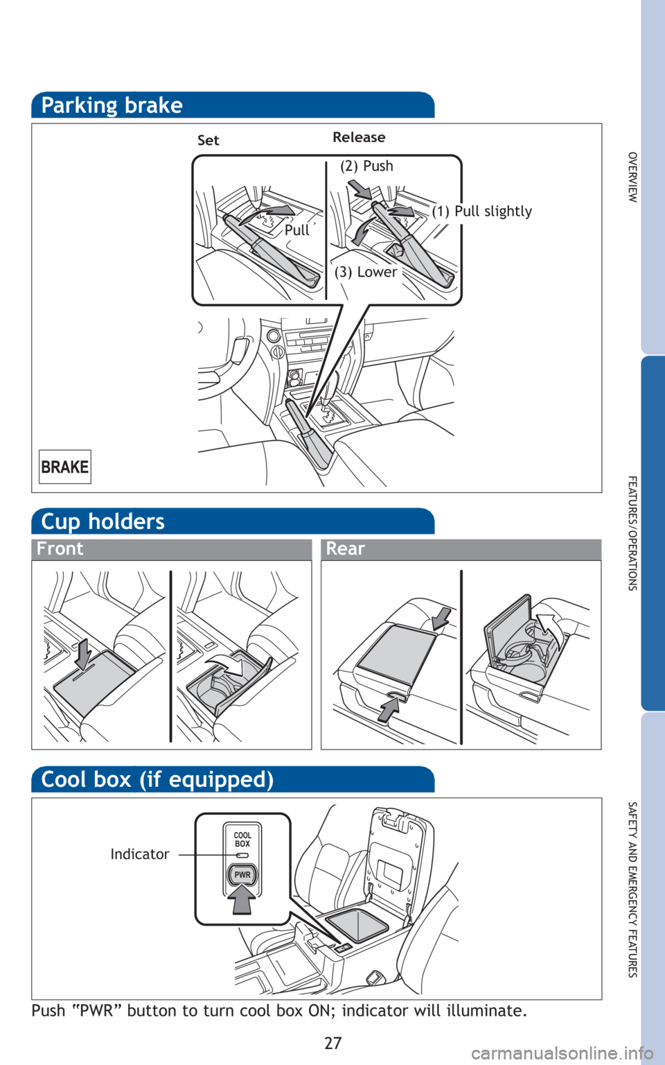 TOYOTA LAND CRUISER 2010 J200 Quick Reference Guide 27
OVERVIEW
FEATURES/OPERATIONS
SAFETY AND EMERGENCY FEATURES
Cup holders
FrontRear
Parking brake
(2) Push
SetRelease
(1) Pull slightly
(3) Lower
Pull
COOLBOX
PWR
Cool box (if equipped)
Push “PWR TOYOTA LAND CRUISER 2010 J200 Quick Reference Guide 27
OVERVIEW
FEATURES/OPERATIONS
SAFETY AND EMERGENCY FEATURES
Cup holders
FrontRear
Parking brake
(2) Push
SetRelease
(1) Pull slightly
(3) Lower
Pull
COOLBOX
PWR
Cool box (if equipped)
Push “PWR