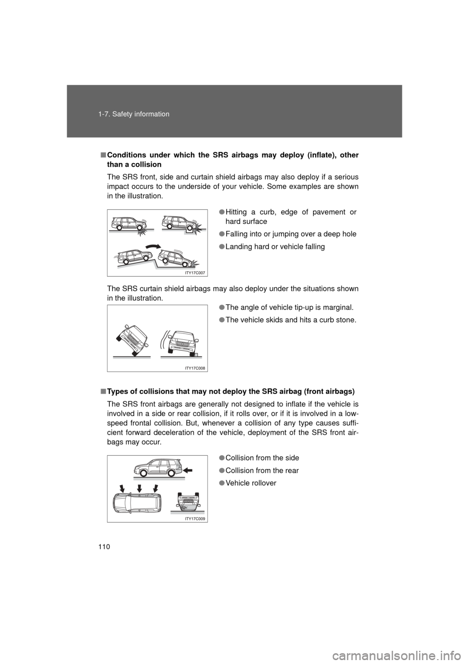 TOYOTA LAND CRUISER 2011 J200 Owners Manual 110 1-7. Safety information
L/C200_U (OM60F74U)
■Conditions under which the SRS airbags may deploy (inflate), other
than a collision
The SRS front, side and curtain shield airbags may also deploy if