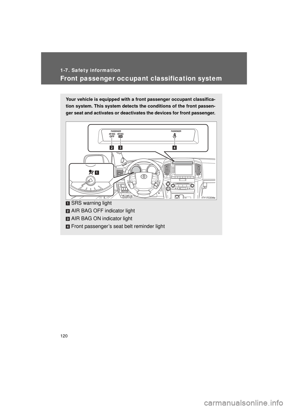 TOYOTA LAND CRUISER 2011 J200 Owners Manual 120
1-7. Safety information
L/C200_U (OM60F74U)
Front passenger occupant classification system
Your vehicle is equipped with a front passenger occupant classifica-
tion system. This system detects the