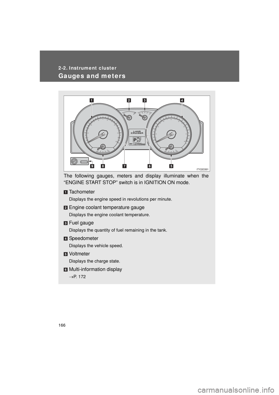 TOYOTA LAND CRUISER 2011 J200 Owners Manual 166
L/C200_U (OM60F74U)
2-2. Instrument cluster
Gauges and meters
The following gauges, meters and display illuminate when the
“ENGINE START STOP” switch is in IGNITION ON mode.Tachometer
Displays
