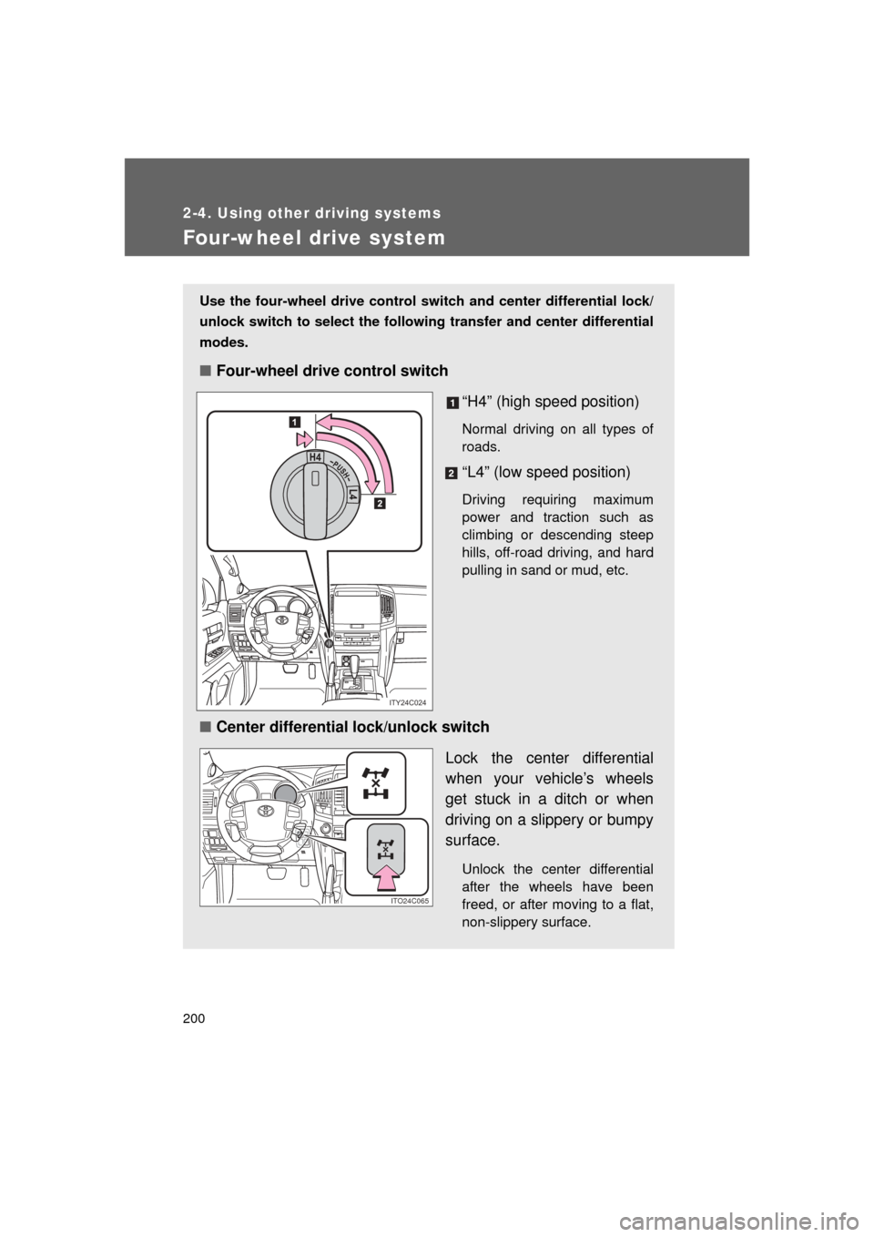 TOYOTA LAND CRUISER 2011 J200 Owners Manual 200
2-4. Using other driving systems
L/C200_U (OM60F74U)
Four-wheel drive system
Use the four-wheel drive control switch and center differential lock/
unlock switch to select the following transfer a TOYOTA LAND CRUISER 2011 J200 Owners Manual 200
2-4. Using other driving systems
L/C200_U (OM60F74U)
Four-wheel drive system
Use the four-wheel drive control switch and center differential lock/
unlock switch to select the following transfer a