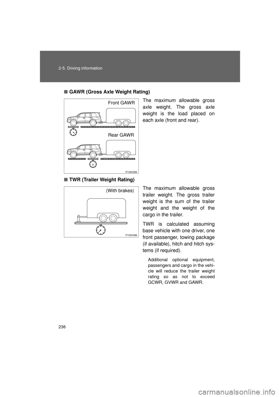 TOYOTA LAND CRUISER 2011 J200 Owners Manual 236 2-5. Driving information
L/C200_U (OM60F74U)■
GAWR (Gross Axle Weight Rating)
The maximum allowable gross
axle weight. The gross axle
weight is the load placed on
each axle (front and rear).
■