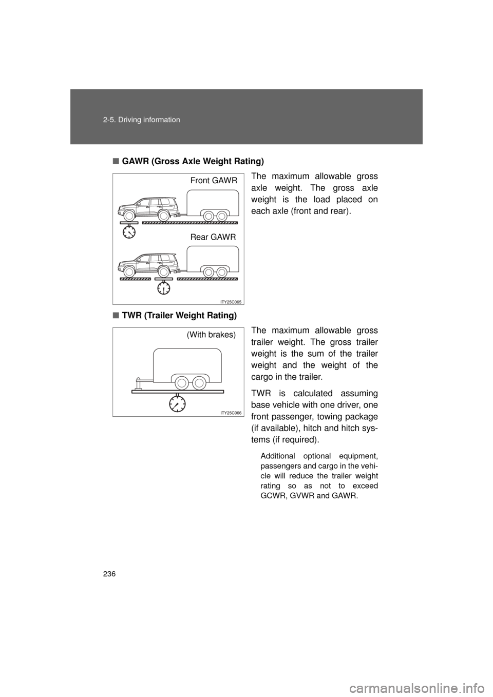 TOYOTA LAND CRUISER 2011 J200 Owners Manual 236 2-5. Driving information
L/C200_U (OM60F74U)■
GAWR (Gross Axle Weight Rating)
The maximum allowable gross
axle weight. The gross axle
weight is the load placed on
each axle (front and rear).
■ TOYOTA LAND CRUISER 2011 J200 Owners Manual 236 2-5. Driving information
L/C200_U (OM60F74U)■
GAWR (Gross Axle Weight Rating)
The maximum allowable gross
axle weight. The gross axle
weight is the load placed on
each axle (front and rear).
■