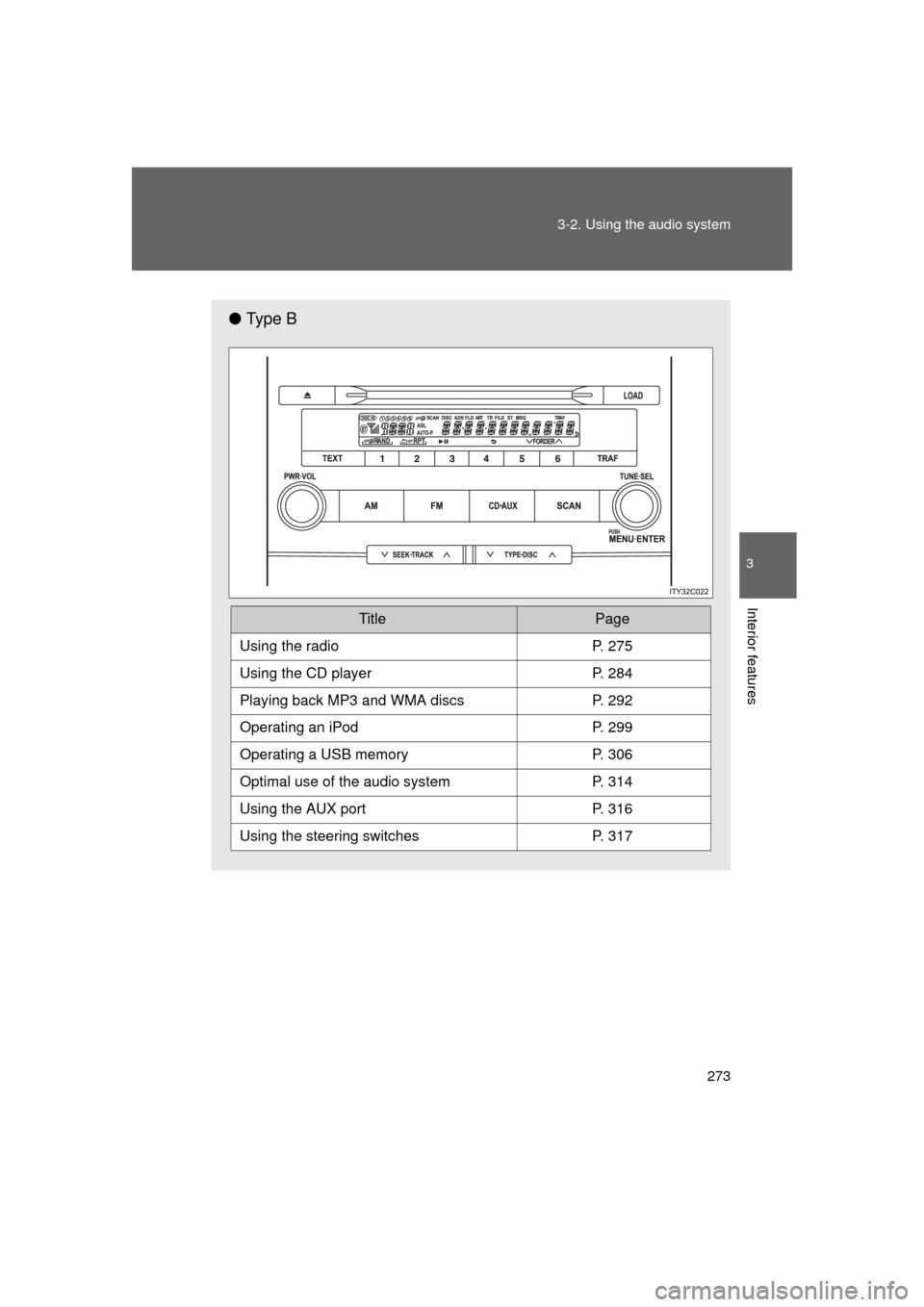 TOYOTA LAND CRUISER 2011 J200 Owners Manual 273
3-2. Using the audio system
3
Interior features
L/C200_U (OM60F74U)
●
Ty p e  B
 
TitlePage
Using the radioP. 275
Using the CD playerP. 284
Playing back MP3 and WMA discs P. 292
Operating an iPo