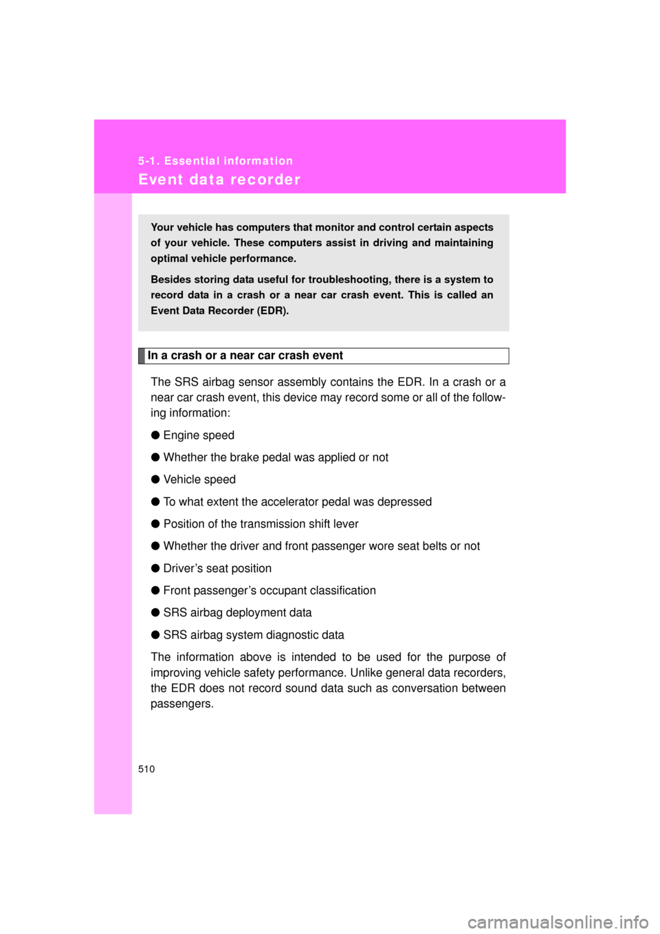 TOYOTA LAND CRUISER 2011 J200 Owners Manual 510
5-1. Essential information
L/C200_U (OM60F74U)
Event data recorder
In a crash or a near car crash eventThe SRS airbag sensor assembly contains the EDR. In a crash or a
near car crash event, this d