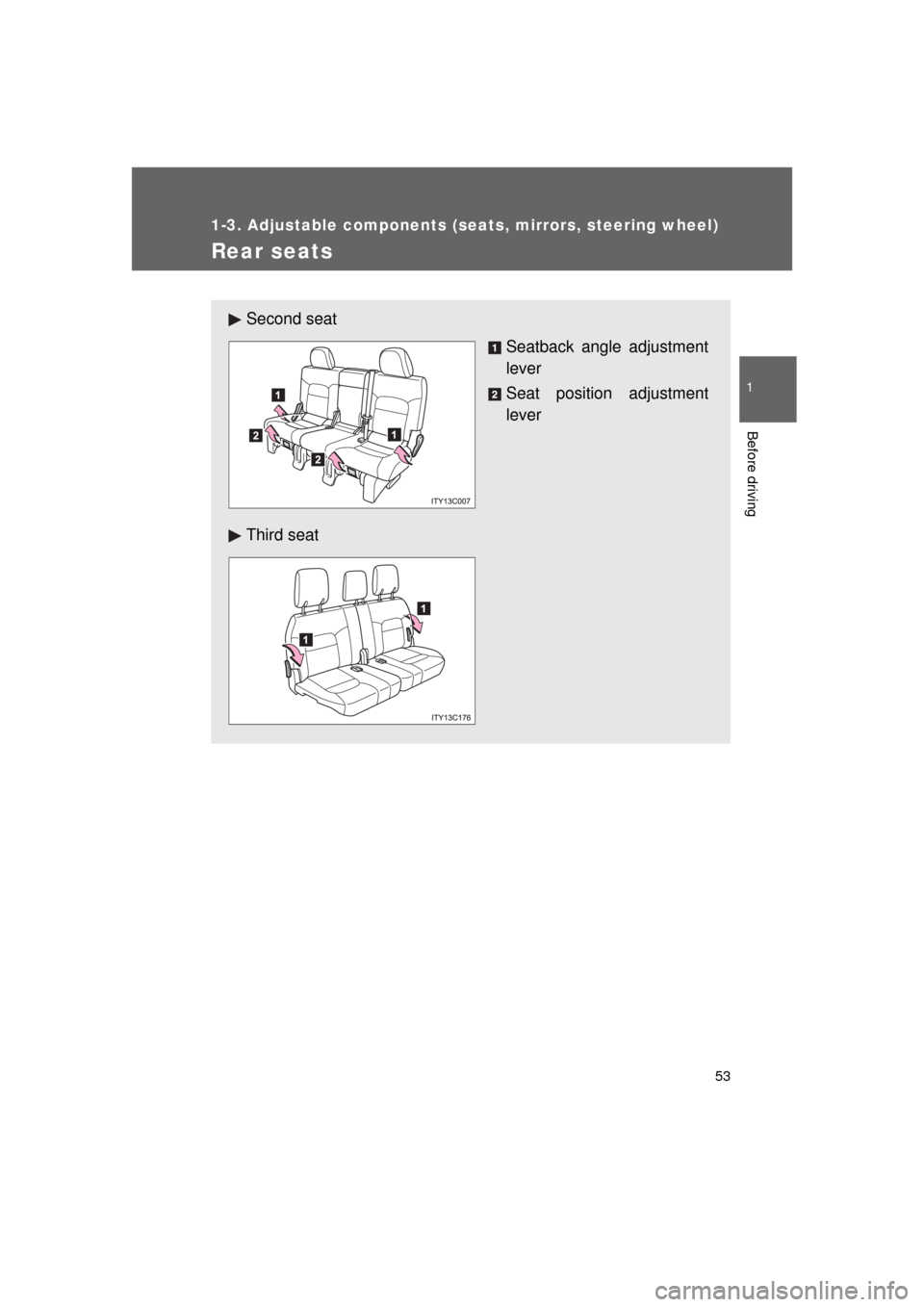 TOYOTA LAND CRUISER 2011 J200 Workshop Manual 53
1
1-3. Adjustable components (seats, mirrors, steering wheel)
Before driving
L/C200_U (OM60F74U)
Rear seats
Second seatSeatback angle adjustment
lever
Seat position adjustment
lever
Third seat 
