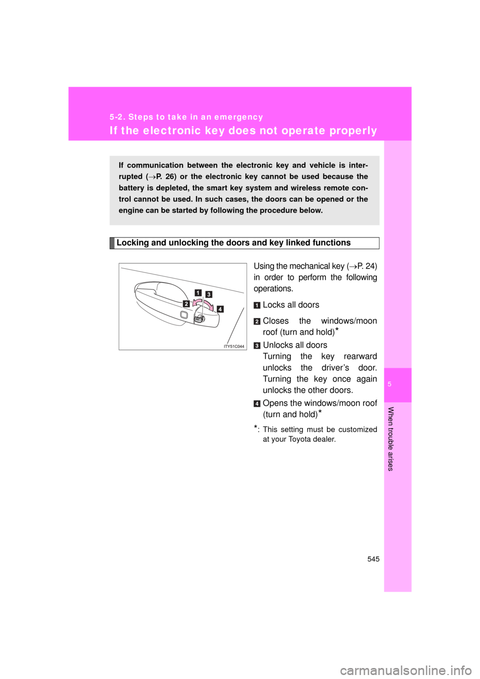 TOYOTA LAND CRUISER 2011 J200 Owners Manual 5
When trouble arises
545
5-2. Steps to take in an emergency
L/C200_U (OM60F74U)
If the electronic key does not operate properly
Locking and unlocking the doors and key linked functions
Using the mech