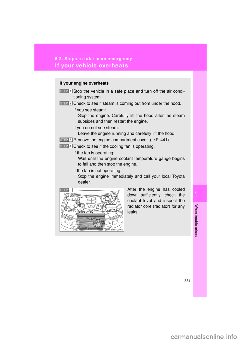 TOYOTA LAND CRUISER 2011 J200 Owners Manual 5
When trouble arises
551
5-2. Steps to take in an emergency
L/C200_U (OM60F74U)
If your vehicle overheats
If your engine overheatsStop the vehicle in a safe place and turn off the air condi-
tioning 