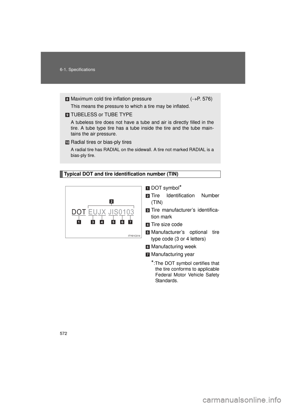 TOYOTA LAND CRUISER 2011 J200 Owners Manual 572 6-1. Specifications
L/C200_U (OM60F74U)
Typical DOT and tire identification number (TIN)DOT symbol
*
Tire Identification Number
(TIN)
Tire manufacturer’s identifica-
tion mark
Tire size code
Man