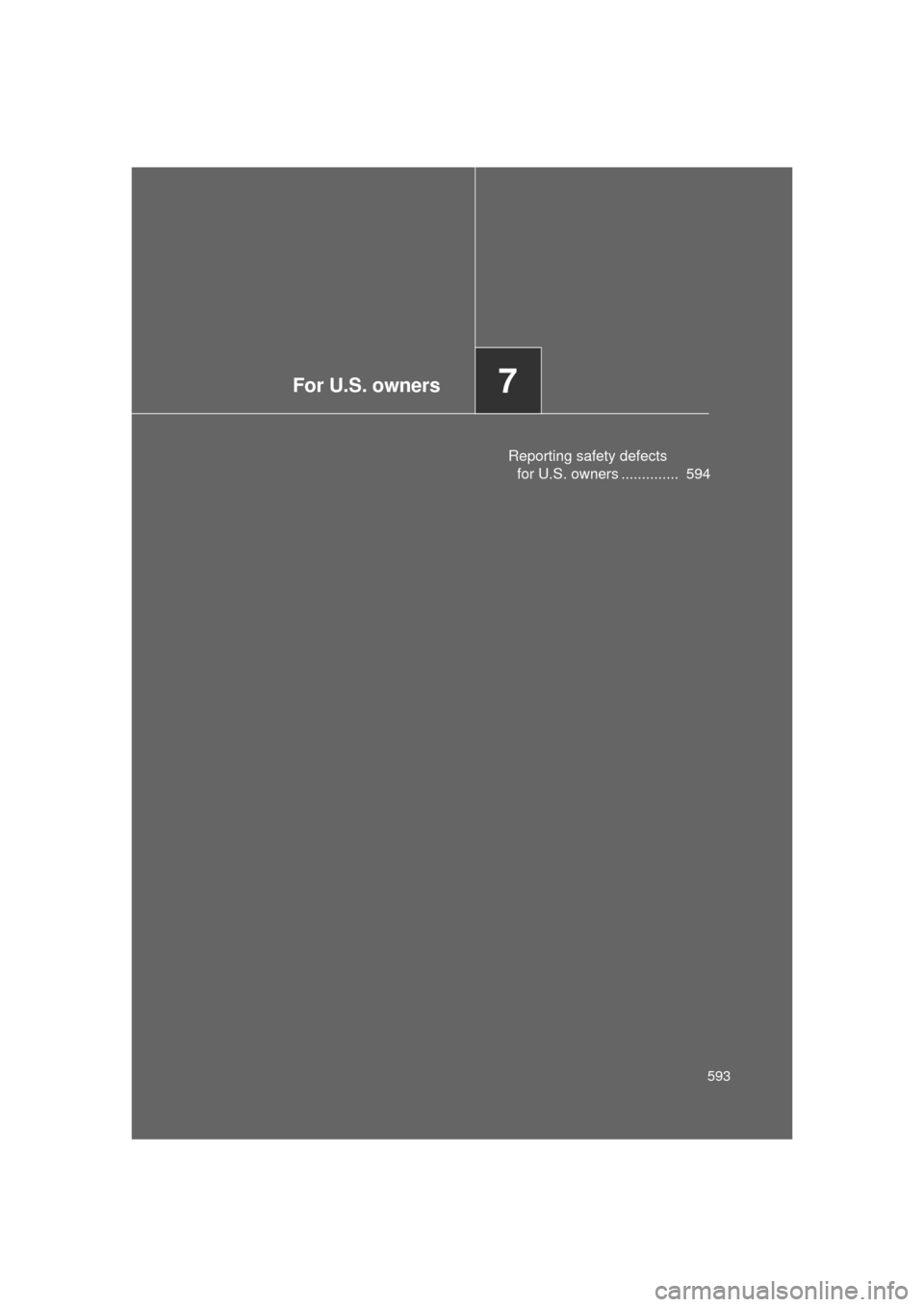 TOYOTA LAND CRUISER 2011 J200 Owners Manual For U.S. owners7
593
L/C200_U (OM60F74U)
Reporting safety defects for U.S. owners .............. 594 TOYOTA LAND CRUISER 2011 J200 Owners Manual For U.S. owners7
593
L/C200_U (OM60F74U)
Reporting safety defects for U.S. owners .............. 594