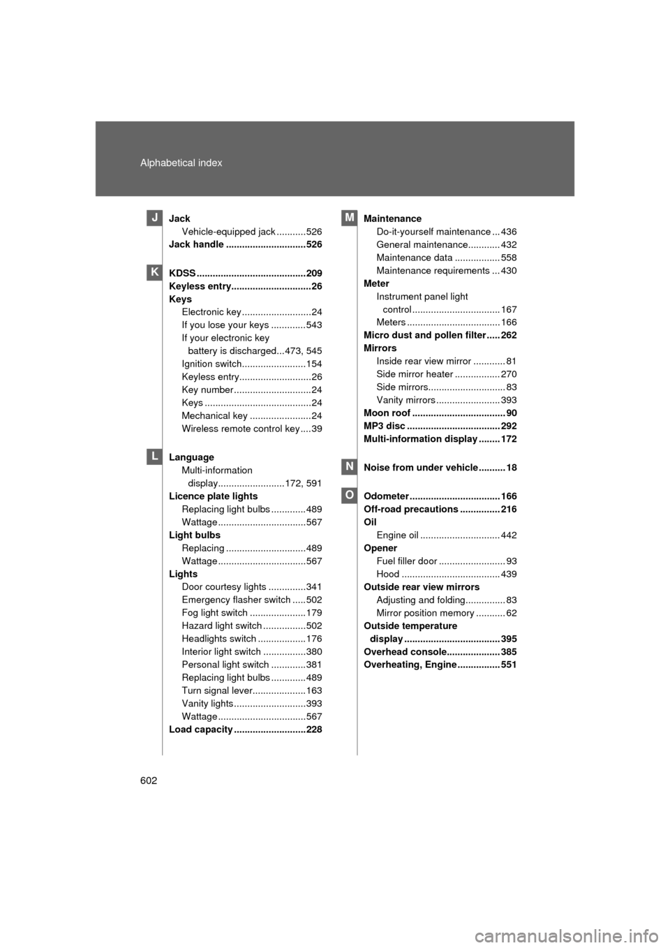TOYOTA LAND CRUISER 2011 J200 Owners Manual 602 Alphabetical index
L/C200_U (OM60F74U)
JackVehicle-equipped jack ...........526
Jack handle ..............................526
KDSS ......................................... 209
Keyless entry......