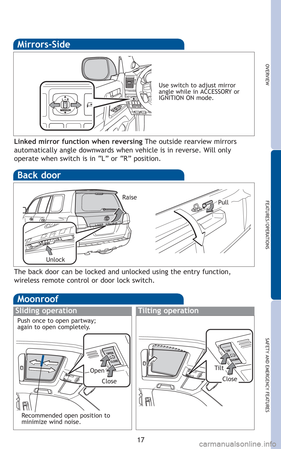 TOYOTA LAND CRUISER 2011 J200 Quick Reference Guide 17
OVERVIEW
FEATURES/OPERATIONS
SAFETY AND EMERGENCY FEATURES
Back door
Pull
Unlock
The back door can be locked and unlocked using the entry function,
wireless remote control or door lock switch.
Rais