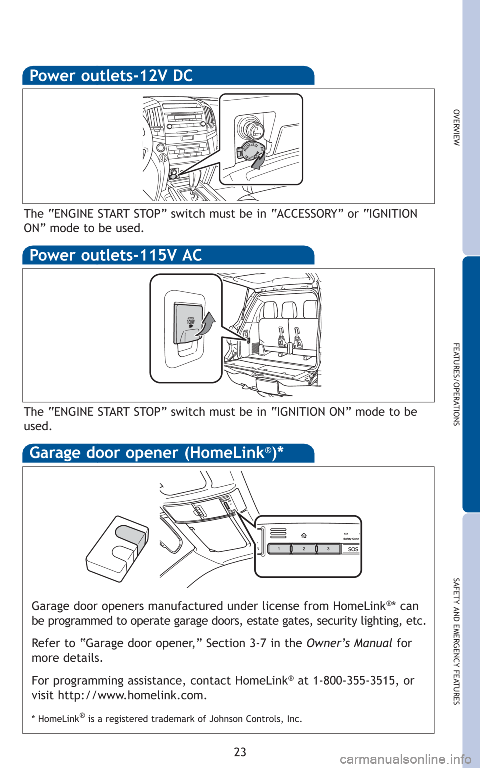 TOYOTA LAND CRUISER 2011 J200 Quick Reference Guide 23
OVERVIEW
FEATURES/OPERATIONS
SAFETY AND EMERGENCY FEATURES
Power outlets-12V DC
The “ENGINE START STOP” switch must be in “ACCESSORY” or “IGNITION
ON” mode to be used.
Power outlets-115 TOYOTA LAND CRUISER 2011 J200 Quick Reference Guide 23
OVERVIEW
FEATURES/OPERATIONS
SAFETY AND EMERGENCY FEATURES
Power outlets-12V DC
The “ENGINE START STOP” switch must be in “ACCESSORY” or “IGNITION
ON” mode to be used.
Power outlets-115
