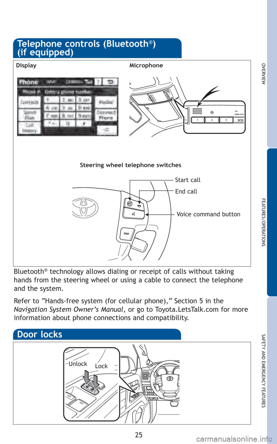 TOYOTA LAND CRUISER 2011 J200 Quick Reference Guide 25
OVERVIEW
FEATURES/OPERATIONS
SAFETY AND EMERGENCY FEATURES
Bluetooth®technology allows dialing or receipt of calls without taking
hands from the steering wheel or using a cable to connect the tele TOYOTA LAND CRUISER 2011 J200 Quick Reference Guide 25
OVERVIEW
FEATURES/OPERATIONS
SAFETY AND EMERGENCY FEATURES
Bluetooth®technology allows dialing or receipt of calls without taking
hands from the steering wheel or using a cable to connect the tele