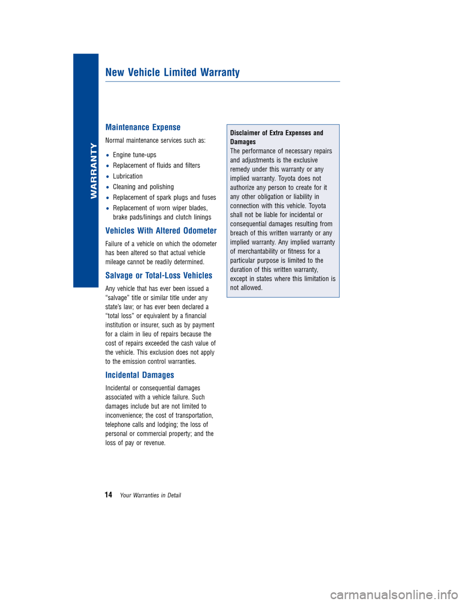 TOYOTA LAND CRUISER 2011 J200 Warranty And Maintenance Guide JOBNAME: 317281-2011-lnd-toyw PAGE: 14 SESS: 2 OUTPUT: Wed Jul 14 16:29:26 2010
/tweddle/toyota/sched-maint/317281-en-lnd/wg
MaintenanceExpense
Normal maintenance services such as:
•Engine tune-ups
TOYOTA LAND CRUISER 2011 J200 Warranty And Maintenance Guide JOBNAME: 317281-2011-lnd-toyw PAGE: 14 SESS: 2 OUTPUT: Wed Jul 14 16:29:26 2010
/tweddle/toyota/sched-maint/317281-en-lnd/wg
MaintenanceExpense
Normal maintenance services such as:
•Engine tune-ups
