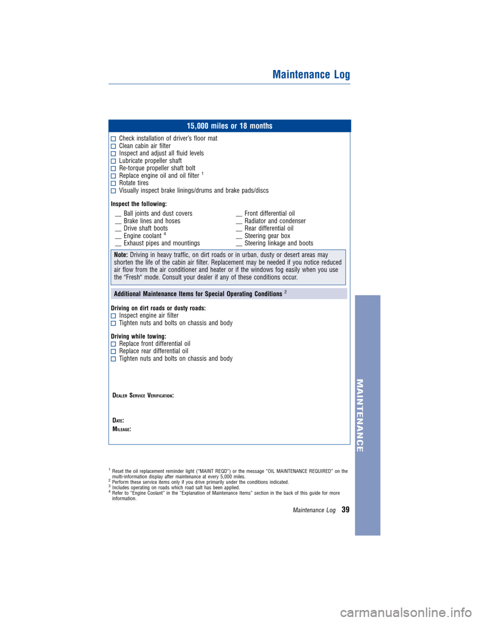 TOYOTA LAND CRUISER 2011 J200 Warranty And Maintenance Guide JOBNAME: 317281-2011-lnd-toyw PAGE: 39 SESS: 11 OUTPUT: Wed Jul 14 16:29:26 2010
/tweddle/toyota/sched-maint/317281-en-lnd/wg
15,000 miles or 18 months
Check installation of driver’s floor matClean 