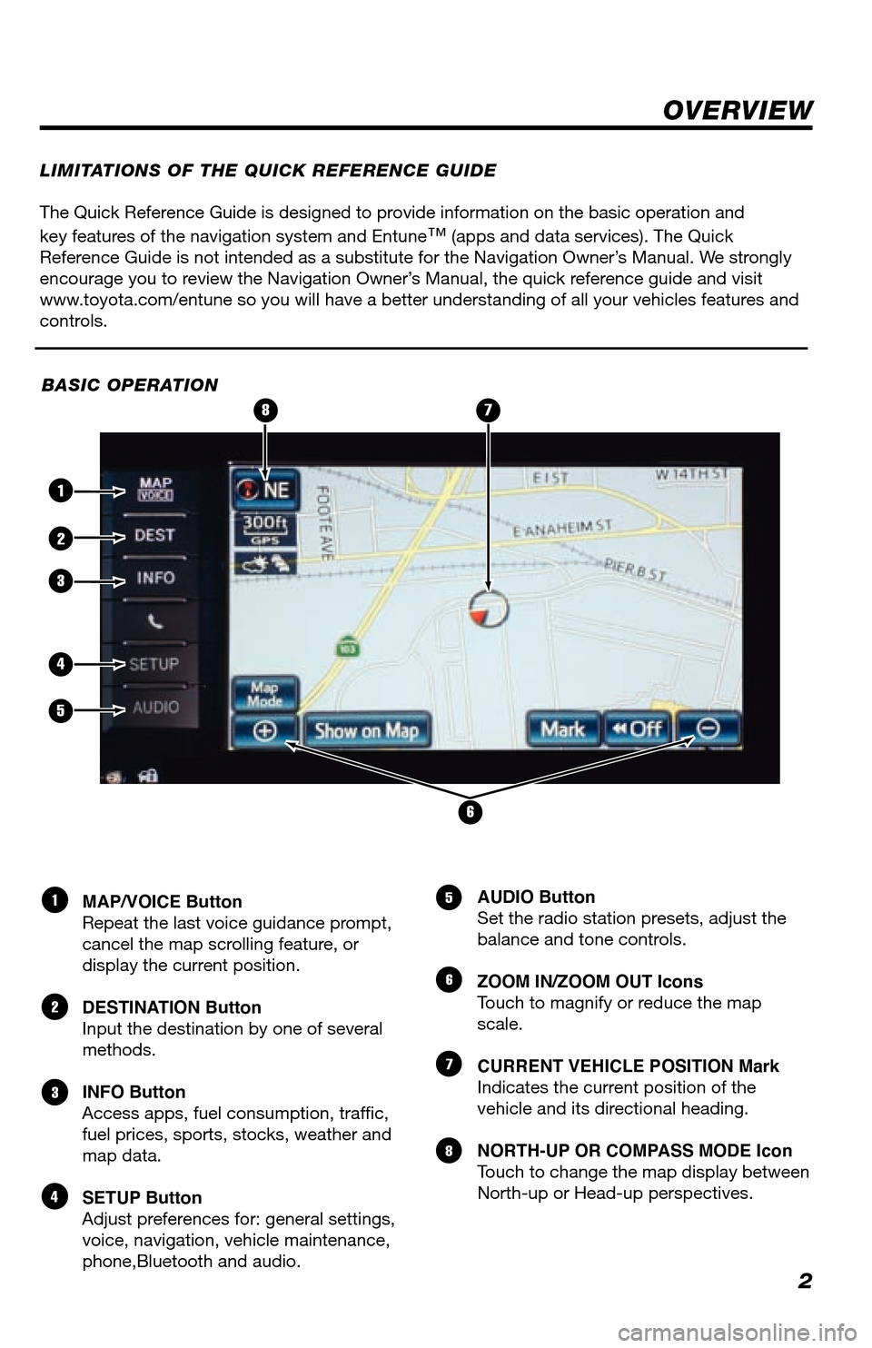 TOYOTA LAND CRUISER 2013 J200 Navigation Manual 2
The Quick Reference Guide is designed to provide information on the basic operation and 
key features of the navigation system and Entune
™ (apps and data services). The Quick 
Reference Guide is 
