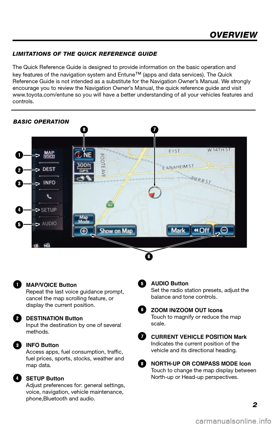 TOYOTA LAND CRUISER 2013 J200 Navigation Manual 2
The Quick Reference Guide is designed to provide information on the basic operation and
key features of the navigation system and Entune
™ (apps and data services). The Quick
Reference Guide is TOYOTA LAND CRUISER 2013 J200 Navigation Manual 2
The Quick Reference Guide is designed to provide information on the basic operation and
key features of the navigation system and Entune
™ (apps and data services). The Quick
Reference Guide is